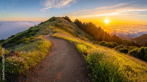 Winding dirt path through grassy hill at sunset with golden sunlight, dramatic clouds, green landscape and vibrant sky. Scenic countryside trail leading toward glowing evening horizon.