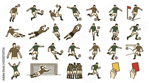 Vector Icons Collection of hand drawn soccer player illustrations showing various football actions and poses. EPS Editable