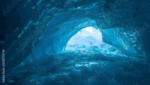 Stunning Blue Glacial Ice Cave with Crystal Formations and Frozen Beauty