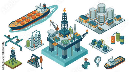 Vector Icons Isometric oil and gas industry vector elements set featuring offshore drilling platform tanker ship refinery storage tanks and pipelines. EPS Editable