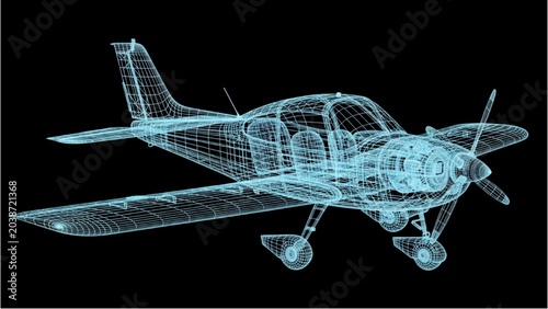 Tableau sur toile 2D CAD Vector illustration of small airplane flying in sky with propeller
