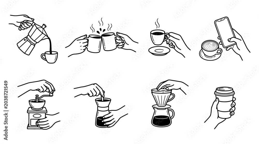Fototapeta premium Vector Icons Minimalist line art vector illustrations of hands preparing and drinking coffee set. EPS Editable
