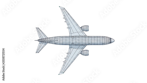 Detailed 2D CAD Vector illustration of airplane in flight outdoors
