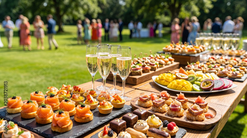 Catering catering table with glasses of champagne and assorted appetizers at outdoor summer party garden event