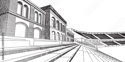 Foto Vintage train station, railroad tracks, brick building, architectural illustrati