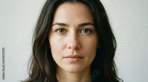 Young woman neutral expression against plain studio background
