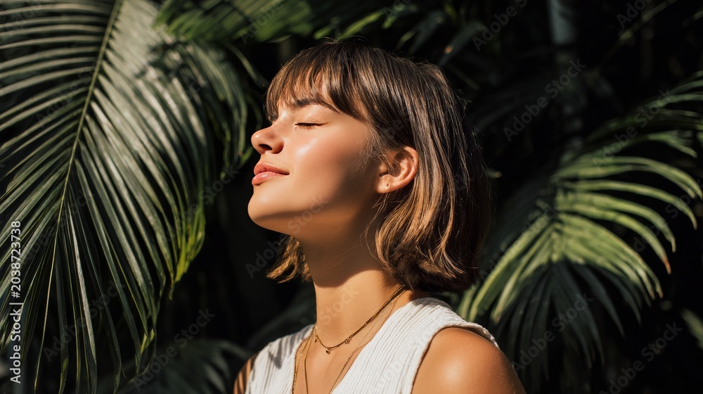 Fototapeta premium Relaxed woman enjoying warm sunlight with closed eyes among tropical green leaves, natural beauty portrait with serene expression, soft shadows and peaceful summer atmosphere.