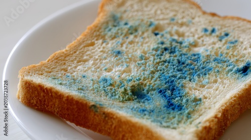 Very stale slice of bread covered with blue mould on white plate showing spoiled food contamination decay fungus bacteria and unhealthy expired bakery product concept indoors