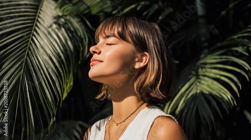 Relaxed woman enjoying warm sunlight with closed eyes among tropical green leaves, natural beauty portrait with serene expression, soft shadows and peaceful summer atmosphere.