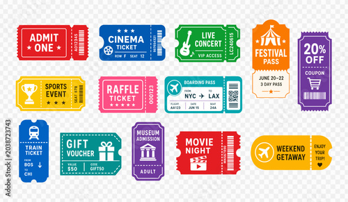 Set of colorful event and travel tickets including cinema stubs and concert passes in a clean flat design style for graphic design projects