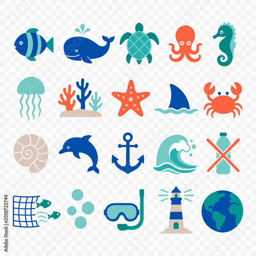Modern flat design icon set featuring marine animals and ocean conservation symbols such as whales and sea turtles for environmental awareness and travel graphics