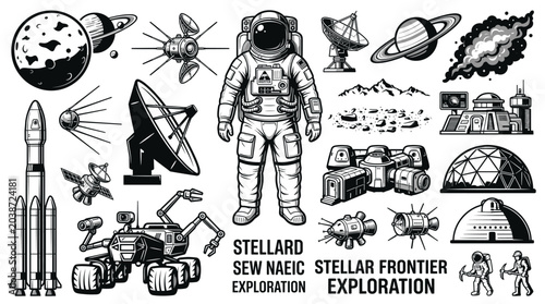 Canvastavla Space exploration vintage illustration set