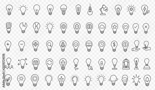 Comprehensive collection of minimalist light bulb line icons representing diverse creative concepts and innovative business solutions in a clean flat design style