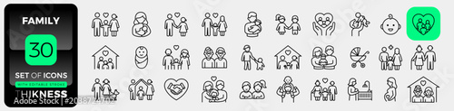 Foto Family icon set, featuring diverse representations of family units, relationships, and home life, presented in a clean and modern line art style