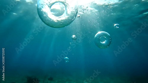 Underwater Scene With Rising Bubbles Sunlight.
