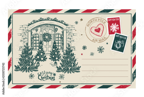 Vintage Christmas and New Year Postcard with Hand-Drawn Ornaments	
