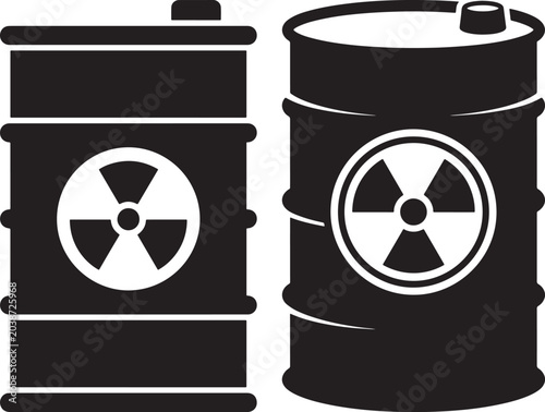 Pair of industrial radioactive waste barrels with hazard symbols radioactive chemical industry container pollution