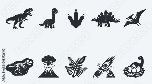 Minimal flat silhouette dinosaur icon pack featuring roaring T-Rex  baby dinosaur  dinosaur footprint  spiked tail dinosaur  flying pterosaur  fossil skeleton  erupting volcano  jungle fern  meteor 