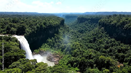Waterfall in a lush green forest.