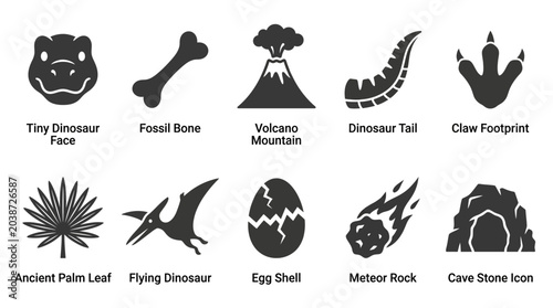 Simple flat silhouette icon collection of cartoon prehistoric elements  tiny dinosaur face  fossil bone  volcano mountain  dinosaur tail  claw footprint  ancient palm leaf  flying dinosaur  egg shell 