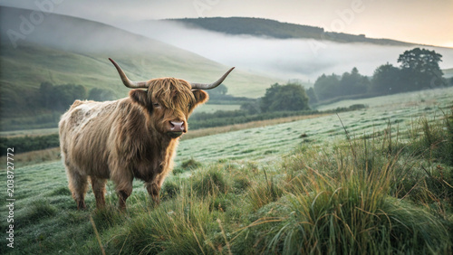 Highland Cow in a Misty Scottish Landscape