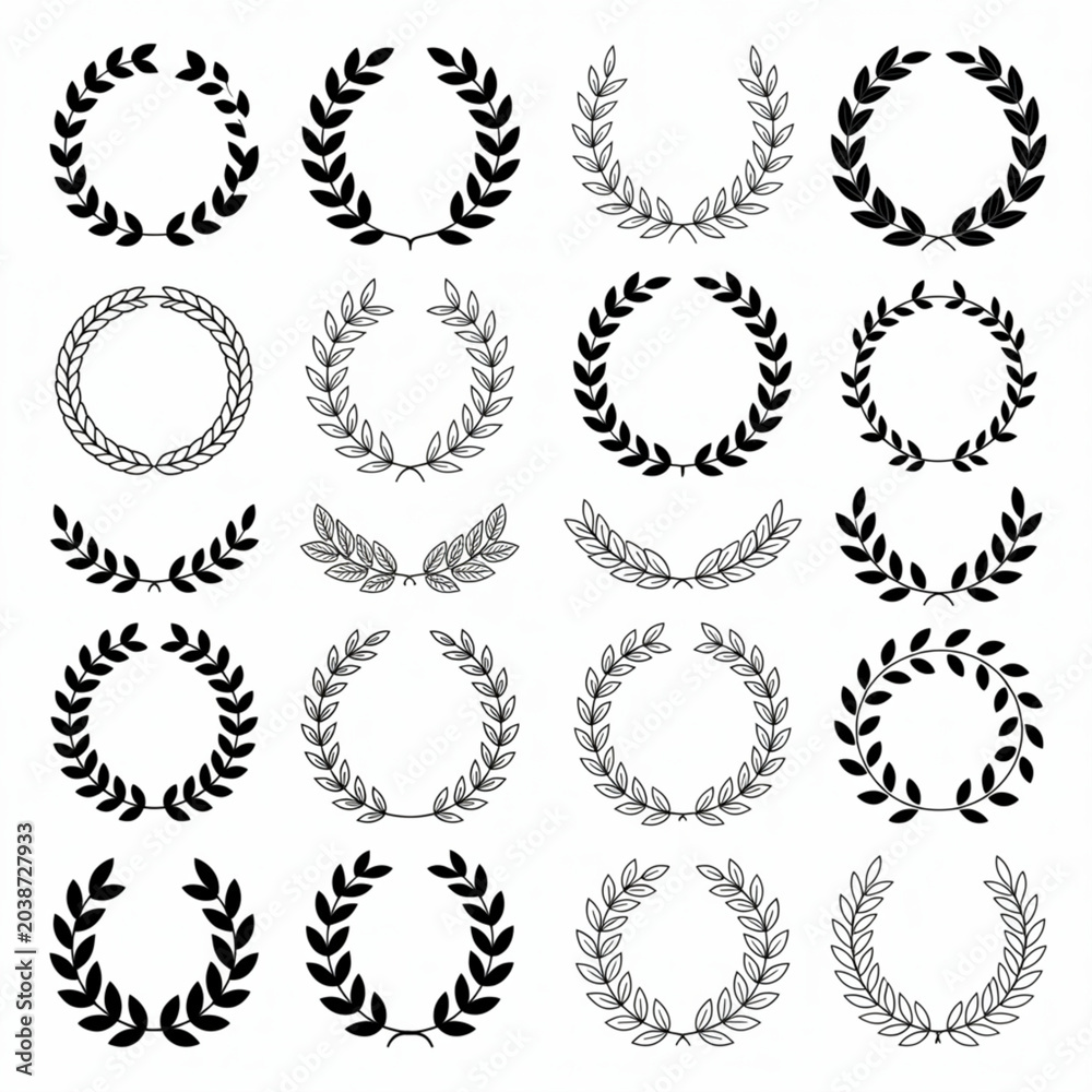 Fototapeta premium Collection of black and white laurel wreaths and branches
