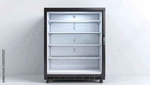 Empty Commercial Display Refrigerator with Glass Door and Shelves.