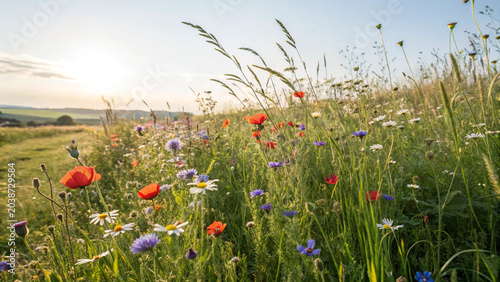 Beautiful wildflower meadow at sunset