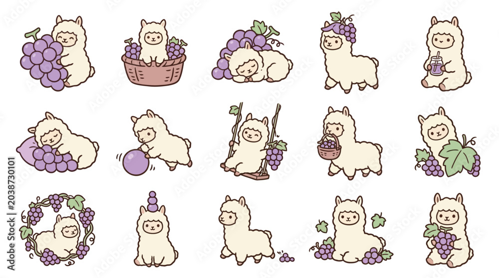 Fototapeta premium Cute cartoon alpaca characters interacting with grapes in various playful poses, perfect for stickers and illustrations.