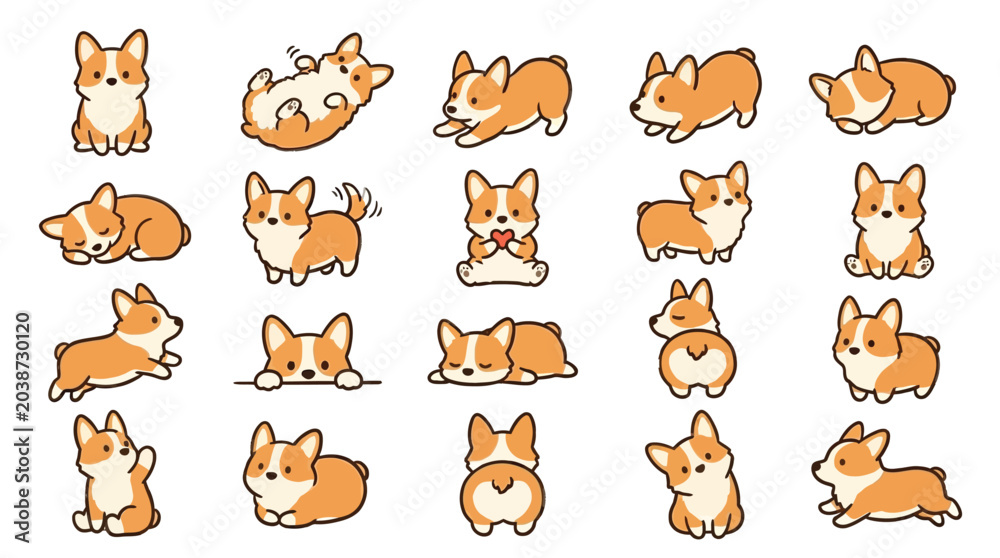 Obraz premium Collection of cute cartoon corgi dogs in various poses and actions, perfect for illustrations and designs.