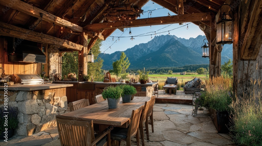 Fototapeta premium Rustic covered patio with built-in grill, stone counters, and mountain backdrop in Bavaria