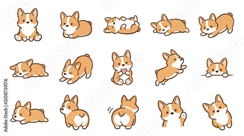 Tableau sur toile Collection of cute cartoon corgi dogs in various playful poses and expressions, perfect for stickers and illustrations