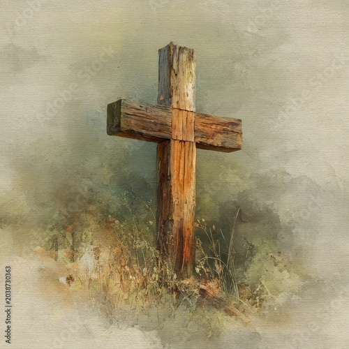 Sacred wood cross in a softly painted watercolor scene with earthy colors