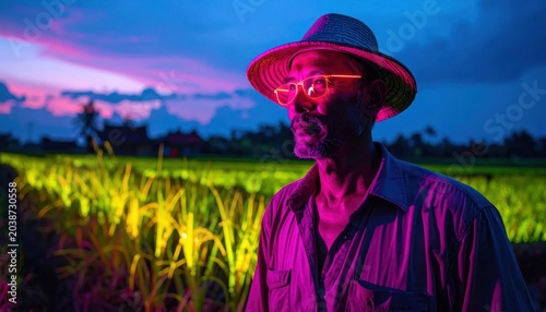 Farmer in a Hat Gazing at a Field at Dusk.