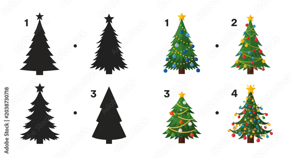 Obraz premium Christmas Tree Shadow Matching Game for Kids Vector Illustration