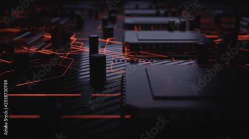 Futuristic Camera Flyover Above Computer Motherboard and CPU Technology