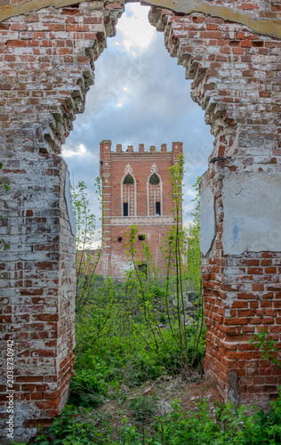 Ancient brick ruins. An abandoned building among the thickets.