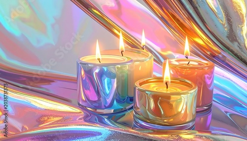 Four glowing candles in glass holders on a shimmering iridescent background.