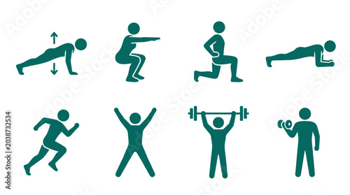 Photos Collection of fitness icons depicting various exercises including push-ups, squa