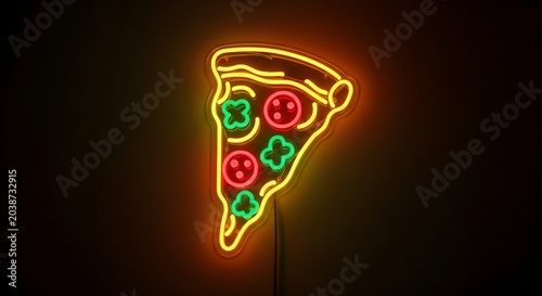 A neon sign of a slice of pizza with toppings is lit up at night.
