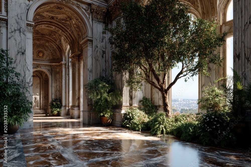 Fototapeta premium Sunlit luxury marble hallway with tall indoor tree and elegant plants in bright classic architectural interior