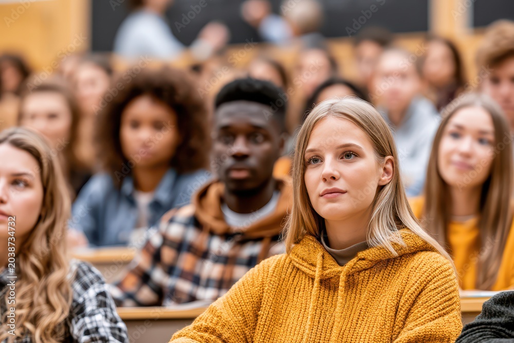 Obraz premium Diverse group of young students attentively listening in a lecture hall during an educational class session.