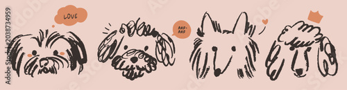 Chalk or charcoal style dog drawings. Hand drawn puppy sketch scrapbook art. Wax crayon grunge funny whimsical cute fluffy illustrations for tshirt print, placard, poster or isolated doodle stickers.