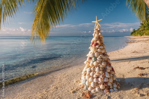 Seashell Christmas Tree on a Sunny Tropical Beach with Calm Ocean Backdrop