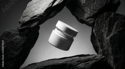 Schilderij op canvas A levitating blank white cosmetic jar with an open lid hovers dramatically among dark, rugged rocks