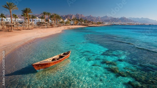 Serene shoreline along the Sharm El Sheikh coast with clear water and distant desert mountains