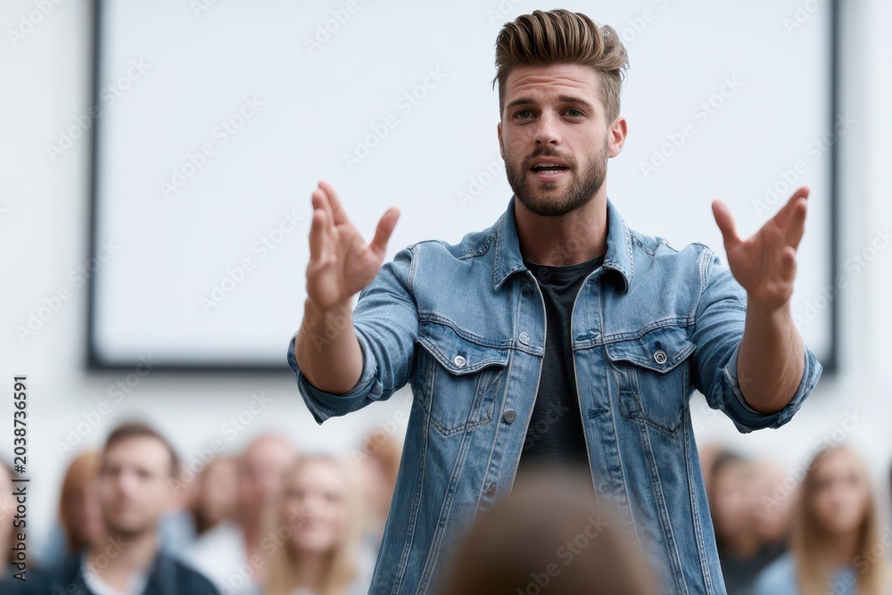 Naklejka premium Charismatic young man giving a presentation to an engaged audience, gesturing enthusiastically with his hands.