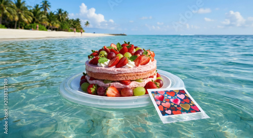 Romantic celebration on the beach with fruit cake.