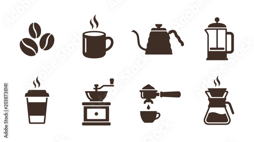 Foto Coffee preparation icons featuring beans, mugs, kettles, and brewing equipment i