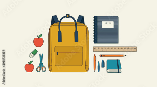 School supplies and yellow backpack.